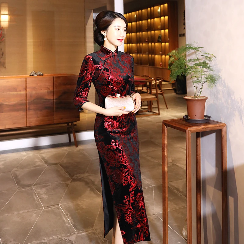 

Sheng Coco Black Red Velvet Chinese Dress Qipao Long Cheongsam Banquet Dresses Long Sleeve New Year Dress Women Clothing