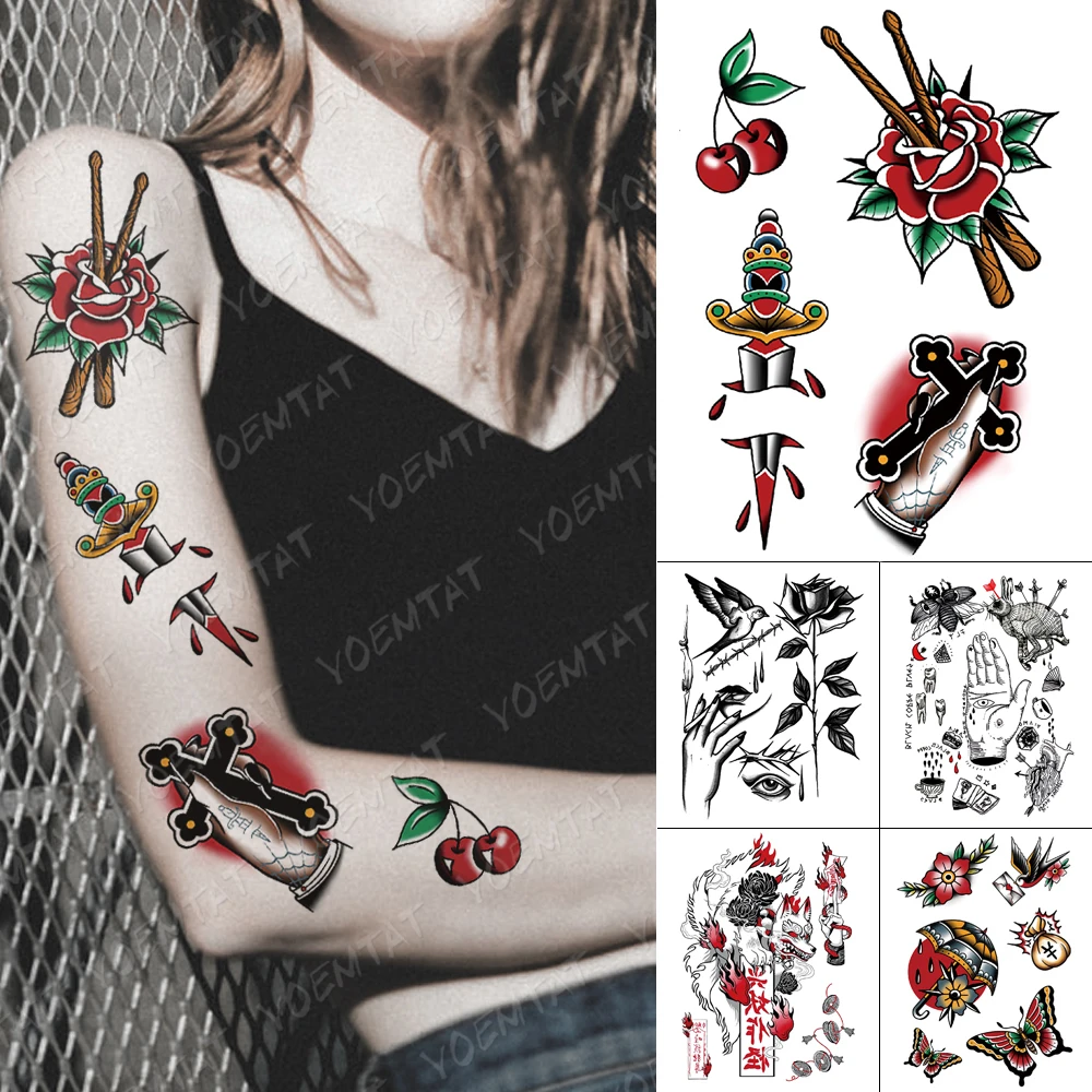 Waterproof Temporary Tattoo Sticker Old School Cherry Chess Sword Flash Tattoos Rose Swallow Body Art Arm Fake Tatoo Women Men