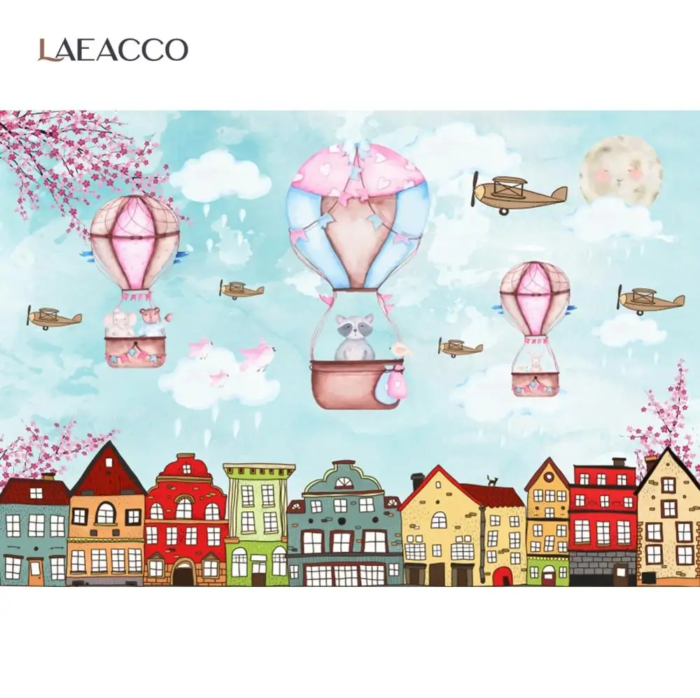 

Laeacco Cartoon Plane Safari Hot Balloon Photography Backdrop Blue Sky City Building Baby Birthday Party Background Photo Studio