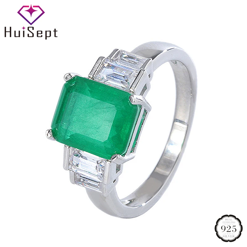 

HuiSept Retro Rings for Women 925 Sterling Silver Jewelry Accessories 8*10mm Rectangle Emerald Gemstone Wedding Engagement Ring