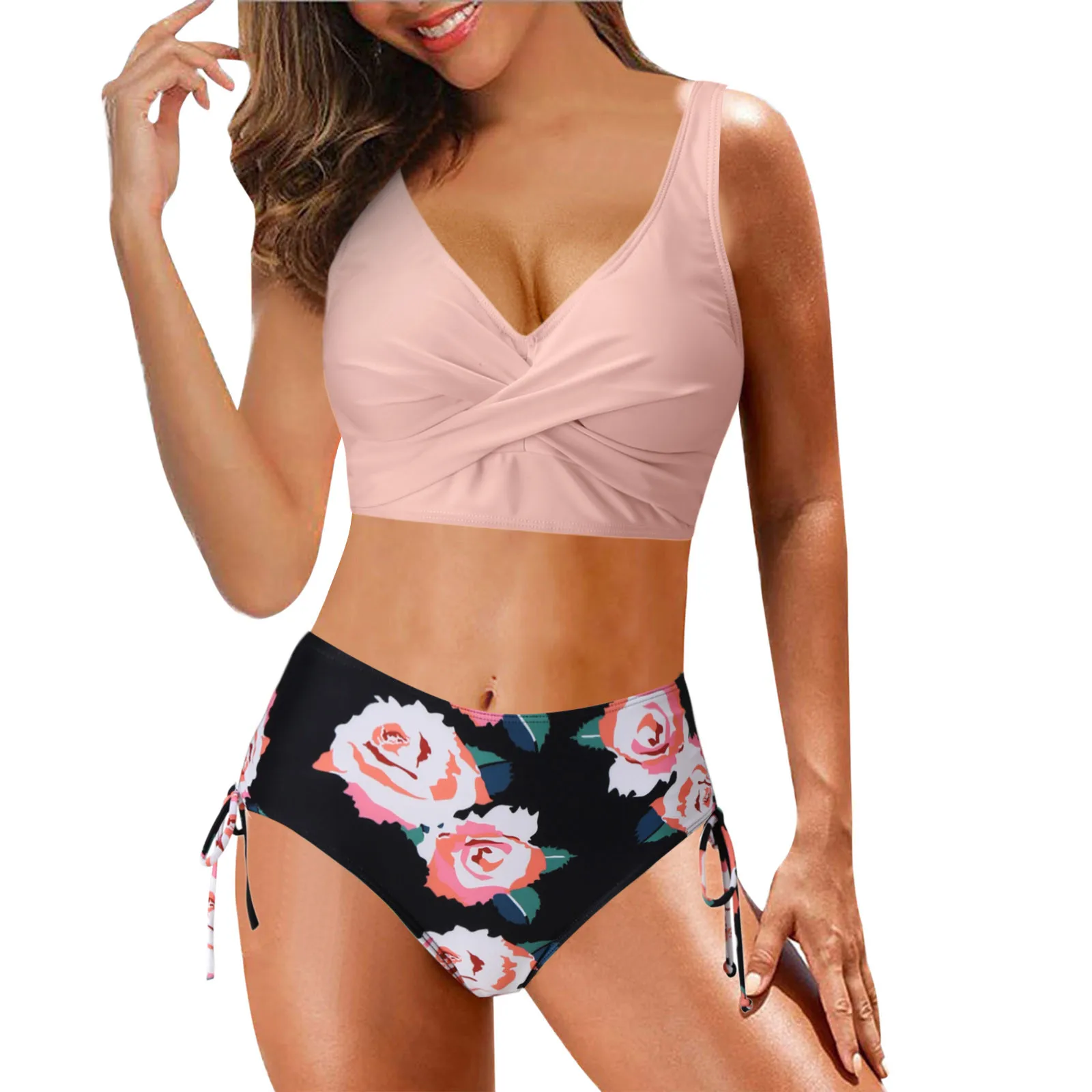 2022 New Swimwear Women Tow Piece Vintage Swimsuit Halter Ruched Wrap Front High Waist Print Bikini Set Beach Swimming Suit