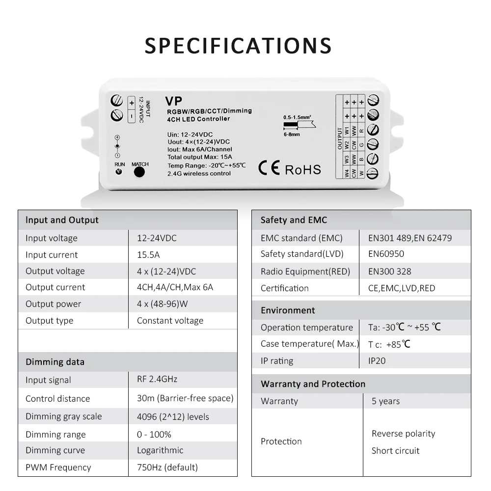 RGB RGBW Controller RF 12V 24V 15A 4 in 1 RGB RGBW LED Strip Light Smart Wifi Controller PWM 2.4G Wireless Touch Remote Control