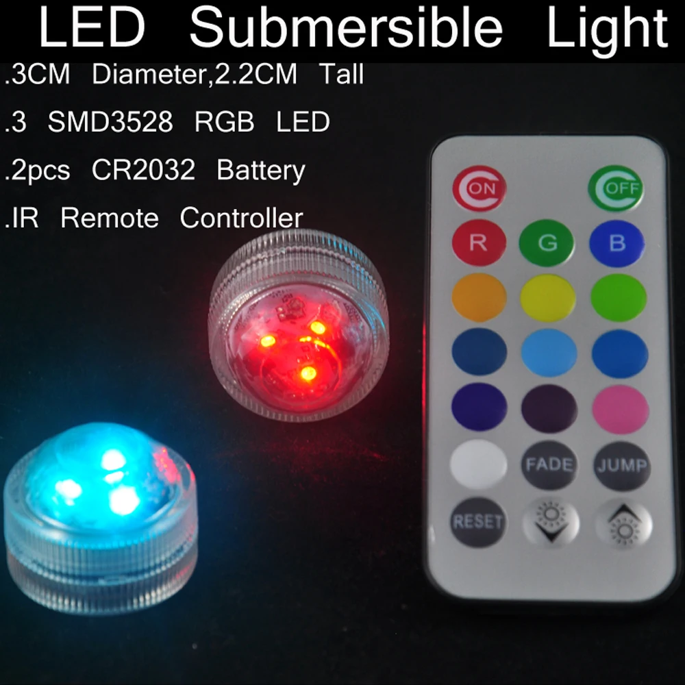 

100pcs/Lot 3CM Mini Submersible LED Light with Remote Controller 2pcs CR2032 Battery Operated Waterproof LED Party Light For Dec