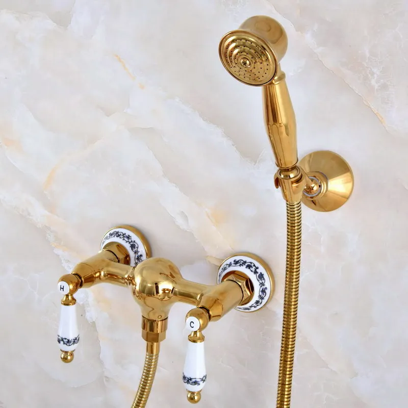 

Роскошный полированный золотой цвет латунный Смеситель для ванной ручной душа Набор смесителя двойной керамический кран mna988