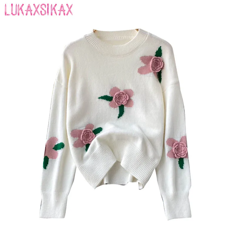 

LUKAXSIKAX New Spring Autumn Women Loose Pullover Sweater High Quality Runway 3D Flowers Embroidery Knitted Sweater