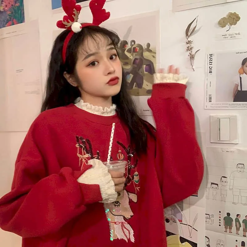 

Christmas sweatshirt autumn and winter Korean loose embroidery wild lace fungus fake two-piece sweater female student top street