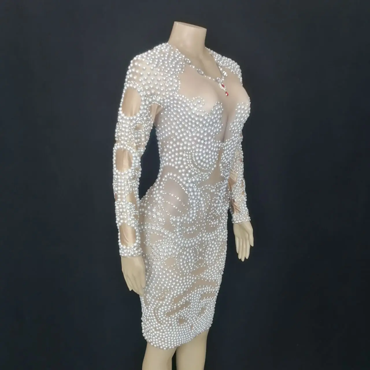 Abito da sera da donna con strass bianco perla, bar, cantante, ospite, spettacolo teatrale, costume, compleanno, ballo di fine anno, abito di media lunghezza