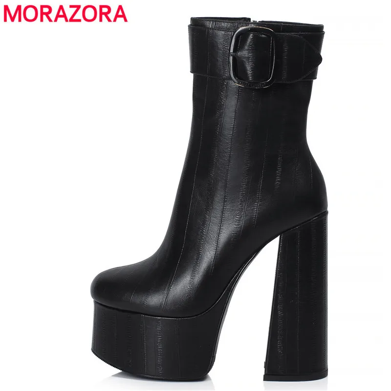 

MORAZORA 2024 sexy ankle boots fashion extreme high heels platform boots ladies shoes genuine leather black buckle women boots