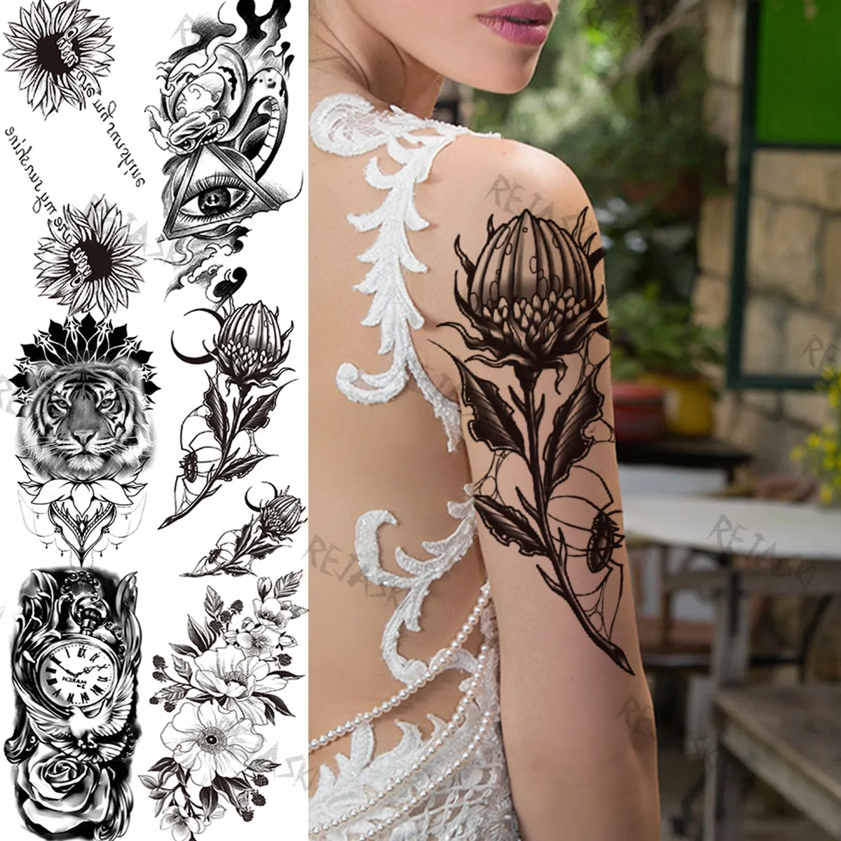 Realistic Black Lotus Temporary Tattoos For Women Girl Tiger Clock Sunflower Fake Tattoo Sticker Pendant Washable Tatoo