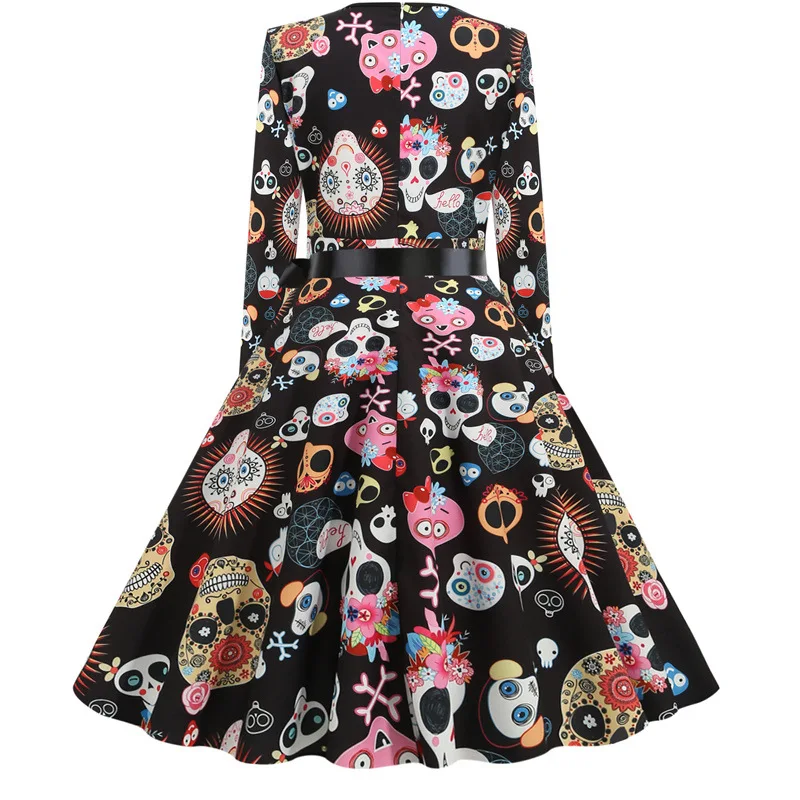 Halloween Party Dress Skull Pumpkin Print Rock More Ball Gown 50s 60s Vestidos Christmas Vintage Swing Prom Full Pleated Jurken