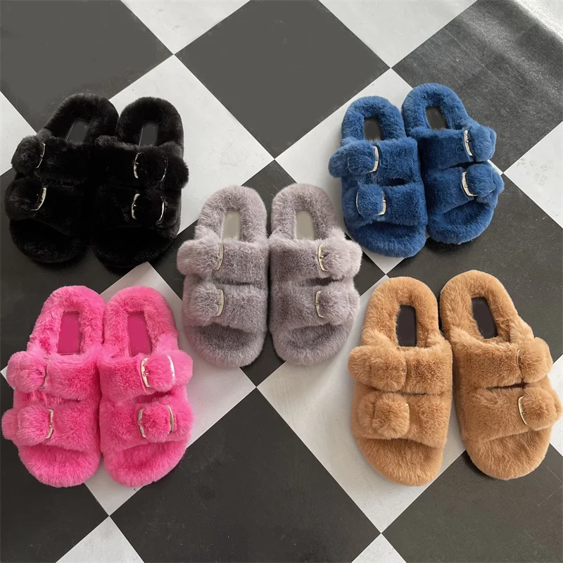 Winter Faux Fur Slippers Warm Fluffy Slippers Shoes For Women Indoor Floor Slides Flat Soft Furry Ladies Female Outdoor Slippers