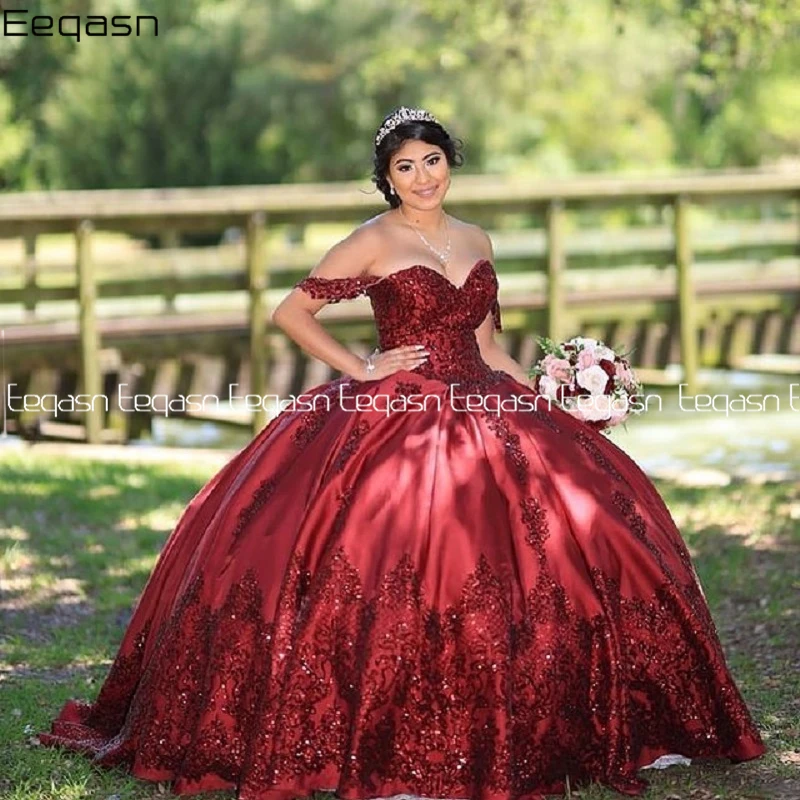 Abito da ballo bordeaux abiti Quinceanera abiti da sposa Sweetheart Lace 2024 paillettes Sweet 16 Dress vestidos de xv aecos anos