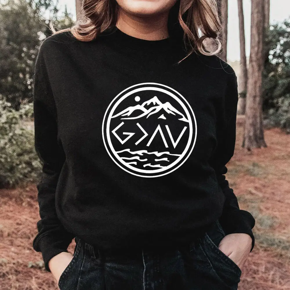 

God Is Greater 100%Cotton Graphic Printed Women Sweatshirts Christian Sweatshirt Faith Casual O-Neck Long Sleeve Tops