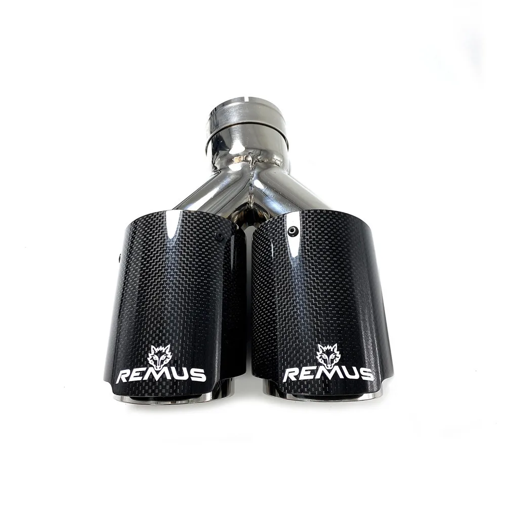 1Pcs Universal Dual Exhaust Tip Glossy Carbon Fiber Exhaust Pipe Tail Quad Exhaust Muffler Tip With Remus Logo