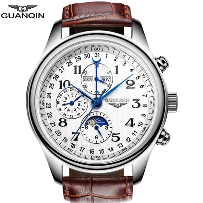 GUANQIN Automatic Sapphire Mechanical Men Watch Waterproof Calendar Leather Wristwatch Automatic Watch Sports Watch