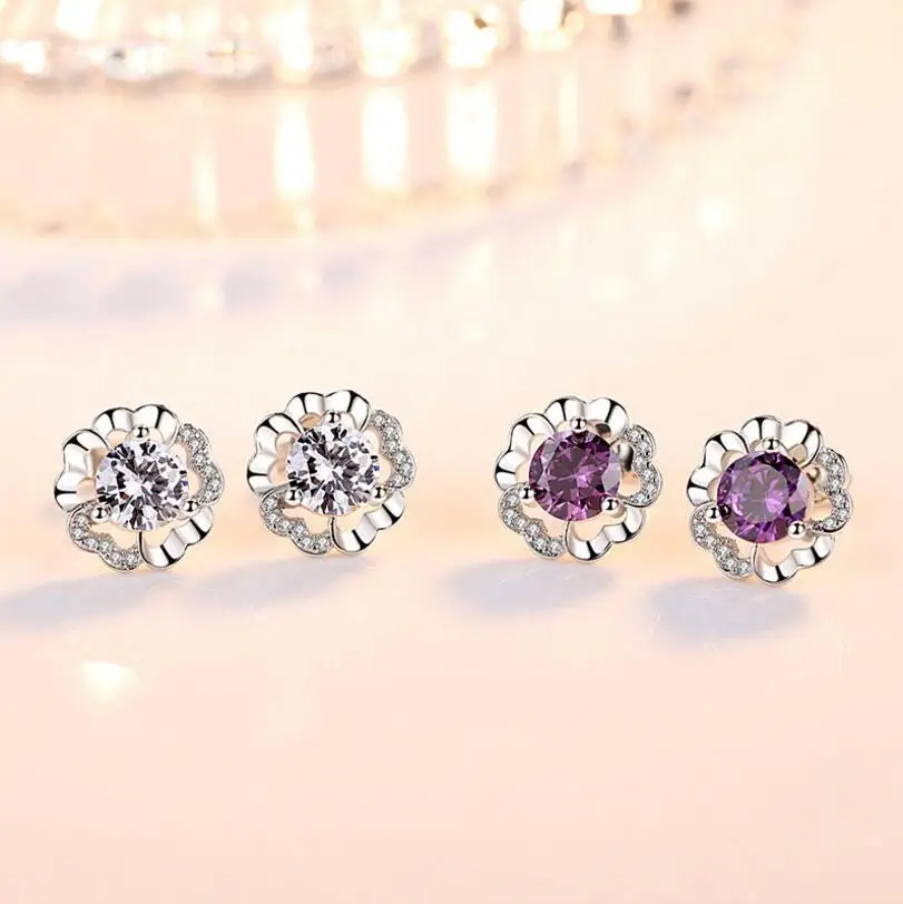 925 Sterling Silver Earrings For Women Plum Flower Zirconia Stud Earrings earrings pendant S-E419