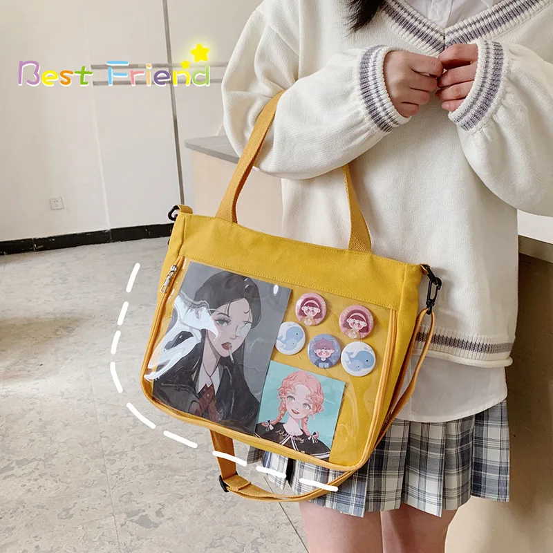 Japanese Harajuku JK Canvas Bag For Women Transparent Pocket Itabag Mochila High School Girls Uniform JK Crossbody Shoulder Bag