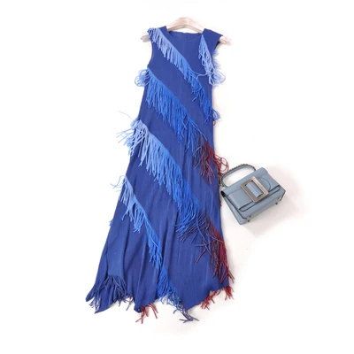 HOT SELLING Miyake Elegant fold open fork tassel sleeveless o-neck Fashion tassel gradient dress IN STOCK