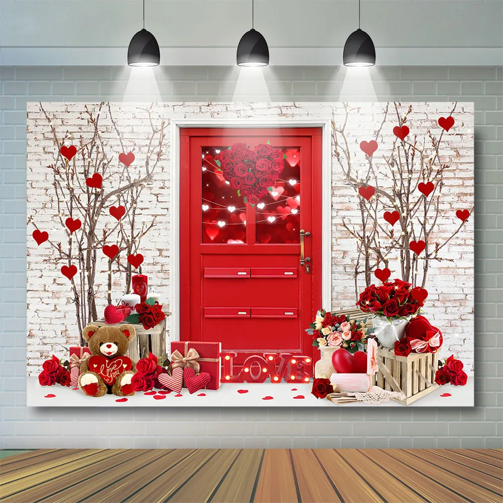 

Mocsicka Valentine's Day Brick Wall Backdrop Kids Baby Portrait Rose Decor Wooden Door Lover Photocall Child Photostudio Props