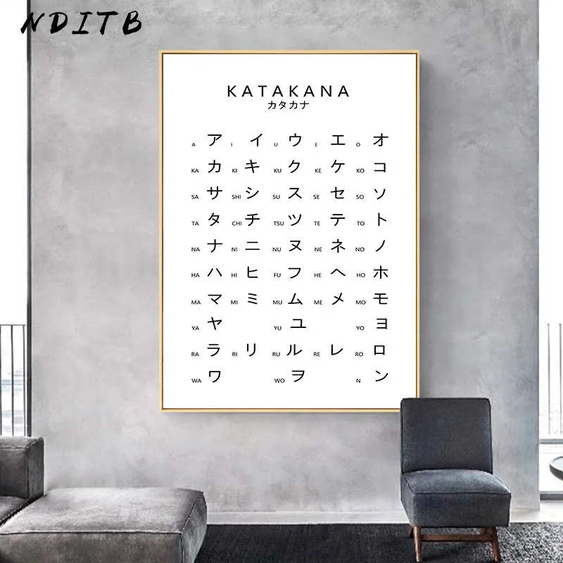 Katakana Chart Japan Alphabet Poster Black White Wall Art Canvas Print Painting Student Education Picture Modern Room Decoration