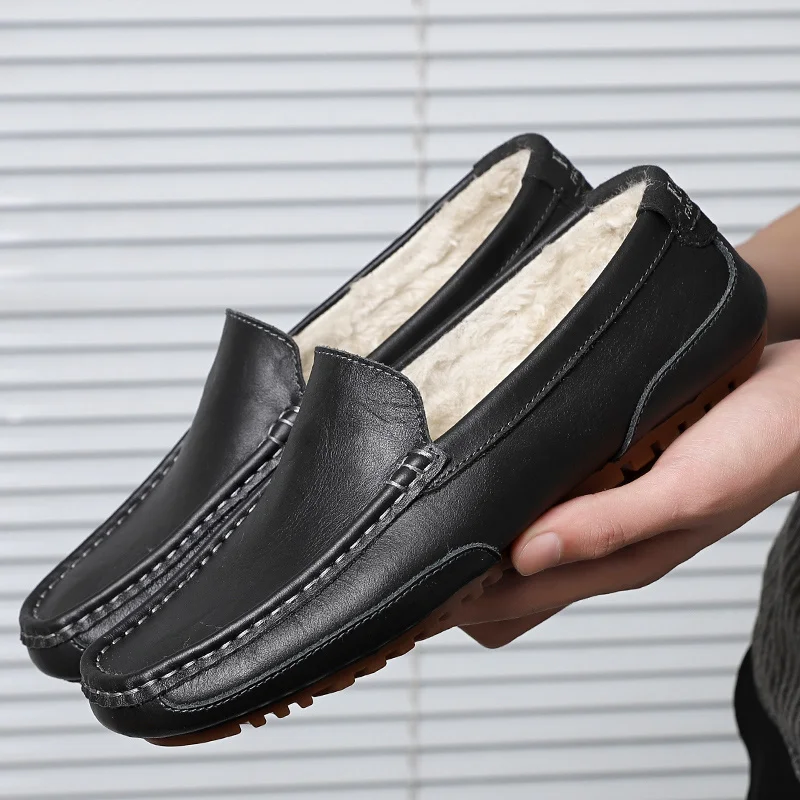 Winter Warm Mens Loafers Genuine Leather Driving Shoes Casual Italian Brand Designer Fur Loafers Shoes Man High Quality