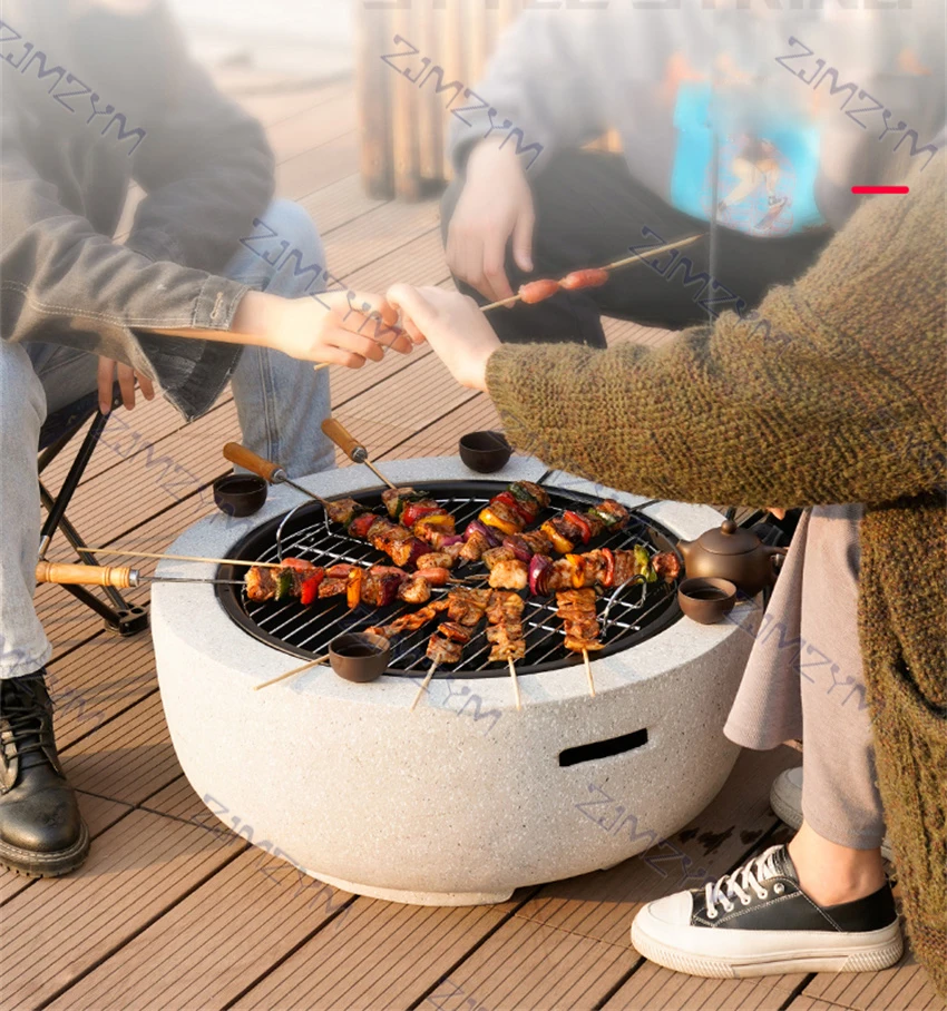 Round Outdoor Fire Pit Table Household Charcoal Brazier Garden Courtyard Barbecue Grill With Mesh Enclosure And Barbecue Net