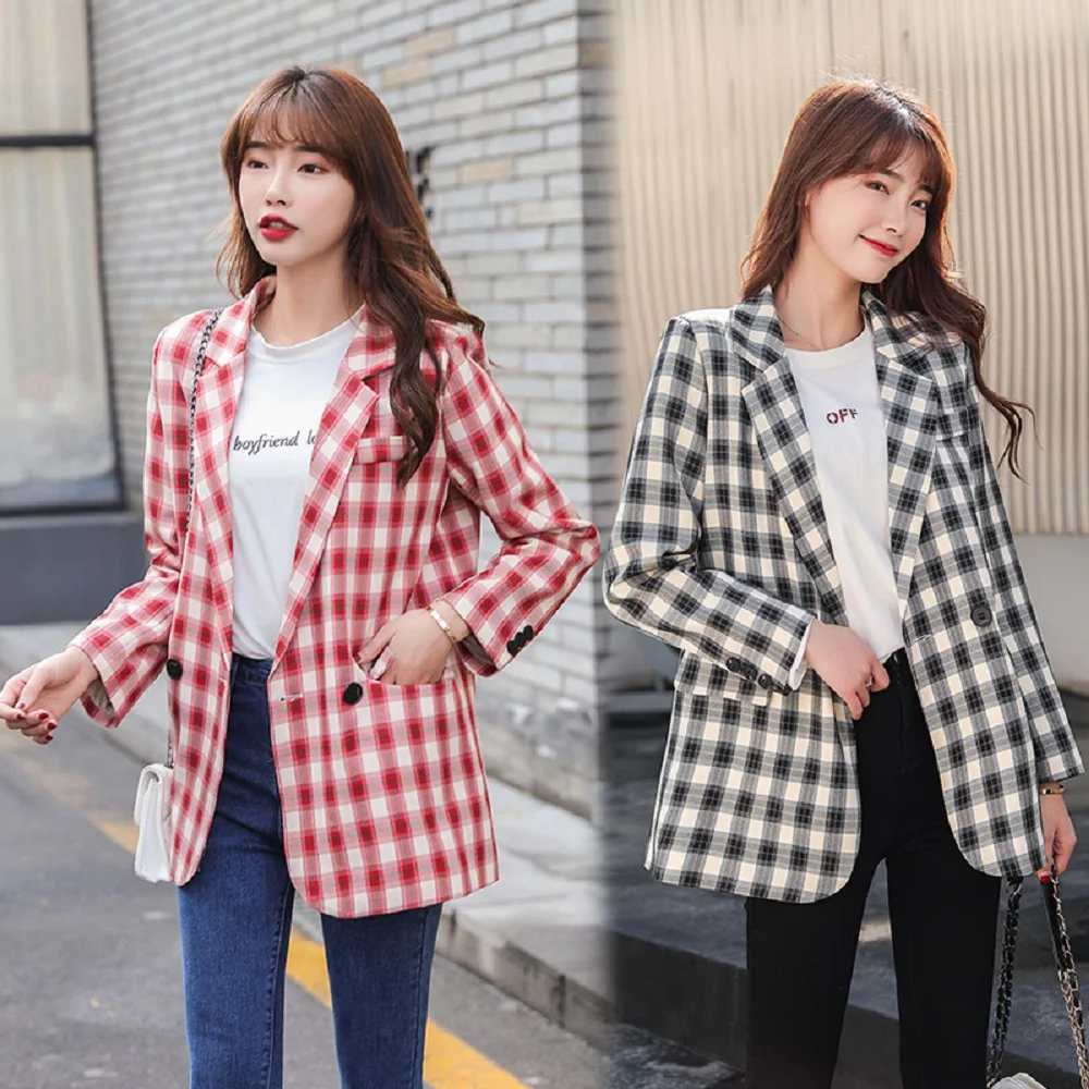 

long-sleeved plaid suit black red peplum button blazer for fashion girls plus size women Korean slim fit casual lady jacket