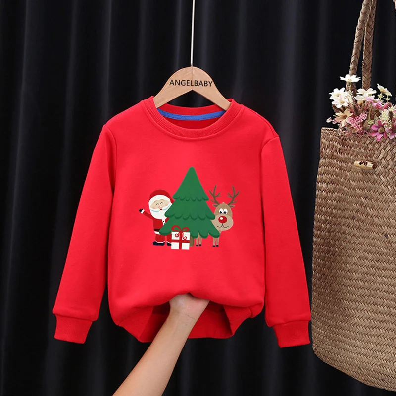 Merry Christmas Deer and Santa Print Kids Sweatshirts Funny Kawaii Children Hoodies Autumn Baby Pullover Tops Girls Boys Clothes