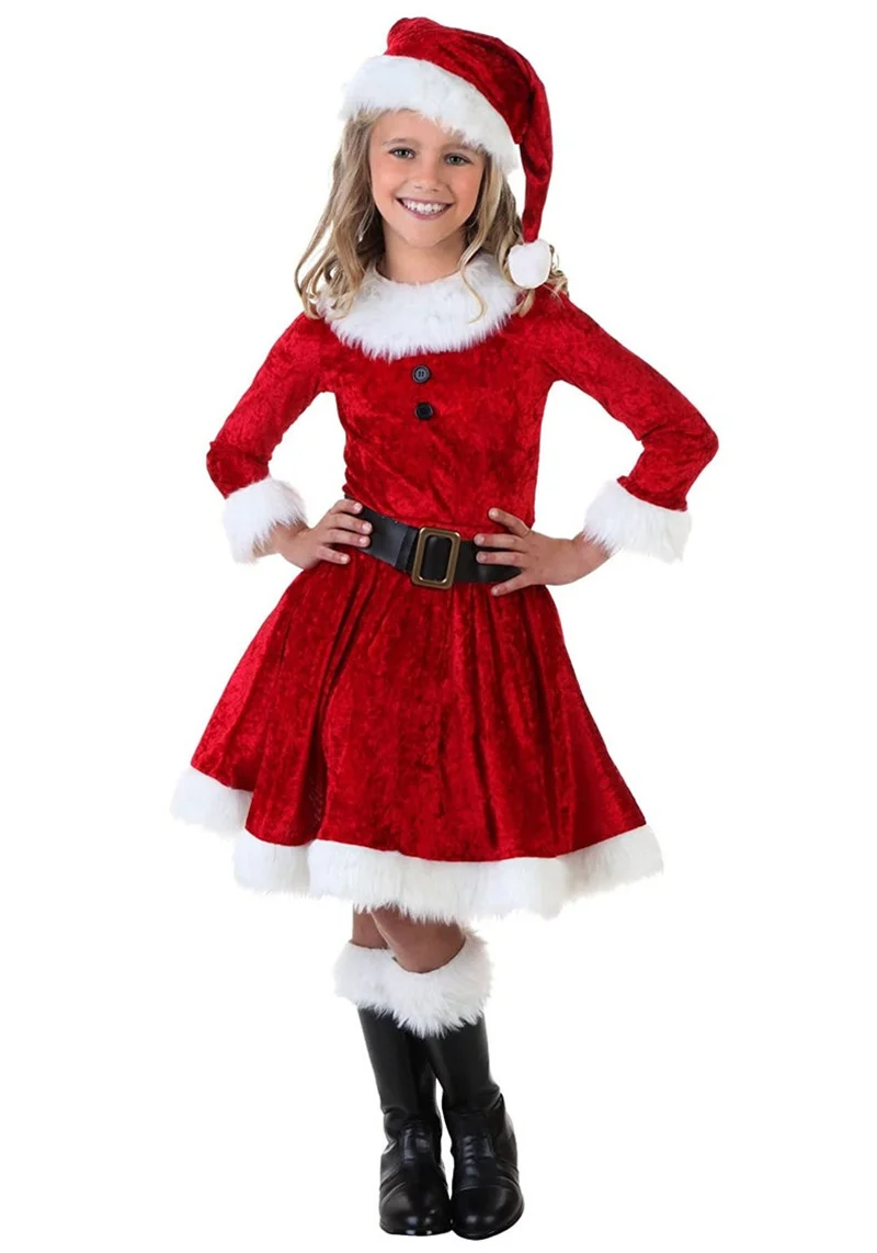 Little Girls Christmas Skirt Set, Fluffy Stitching Boat Neck Long Sleeve Dress + Hat + Waist Belt Suit for Kids, 1-5 Years