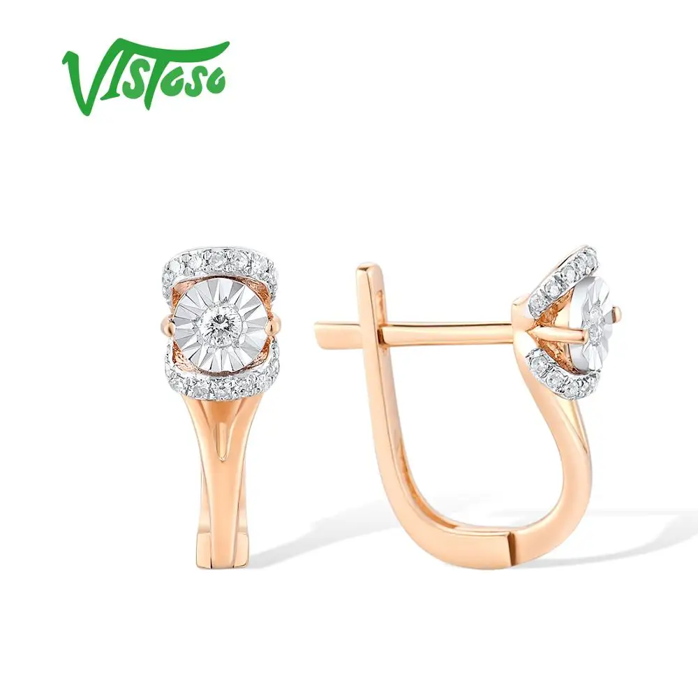 VISTOSO Pure 14K 585 Two-Tone Gold Earrings For Lady Sparkling Illusion-Set Miracle Plate Diamond  Engagement Gift Fine Jewelry