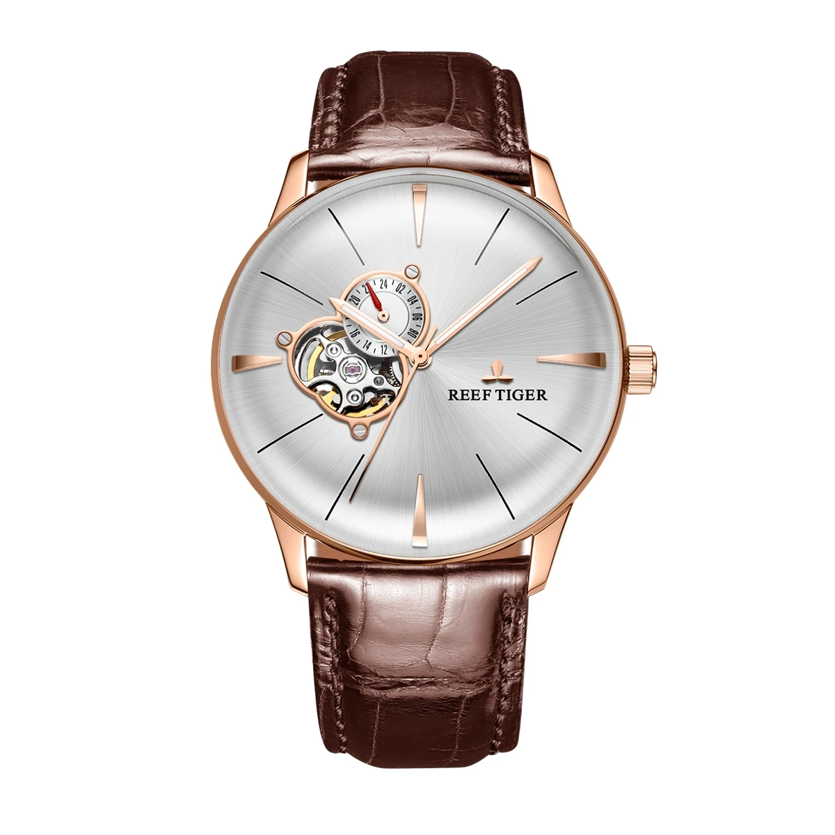Reef Tiger Mens Automatic Watches 43mm Mechanical Wristwatch 5ATM Waterproof Bubble Sapphire Skeleton Dial Leather Strap