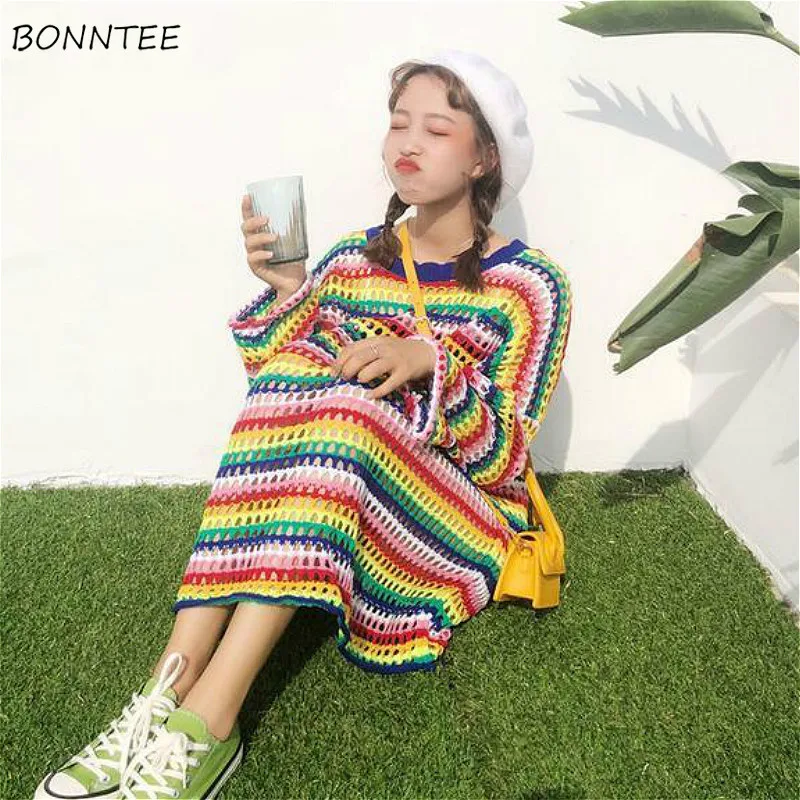 Sweaters Women Chic Rainbow Striped Ulzzang Lovely Trendy Ladies Knitwear Ins Preppy Hollow Out Design Harajuku Friends Sweater