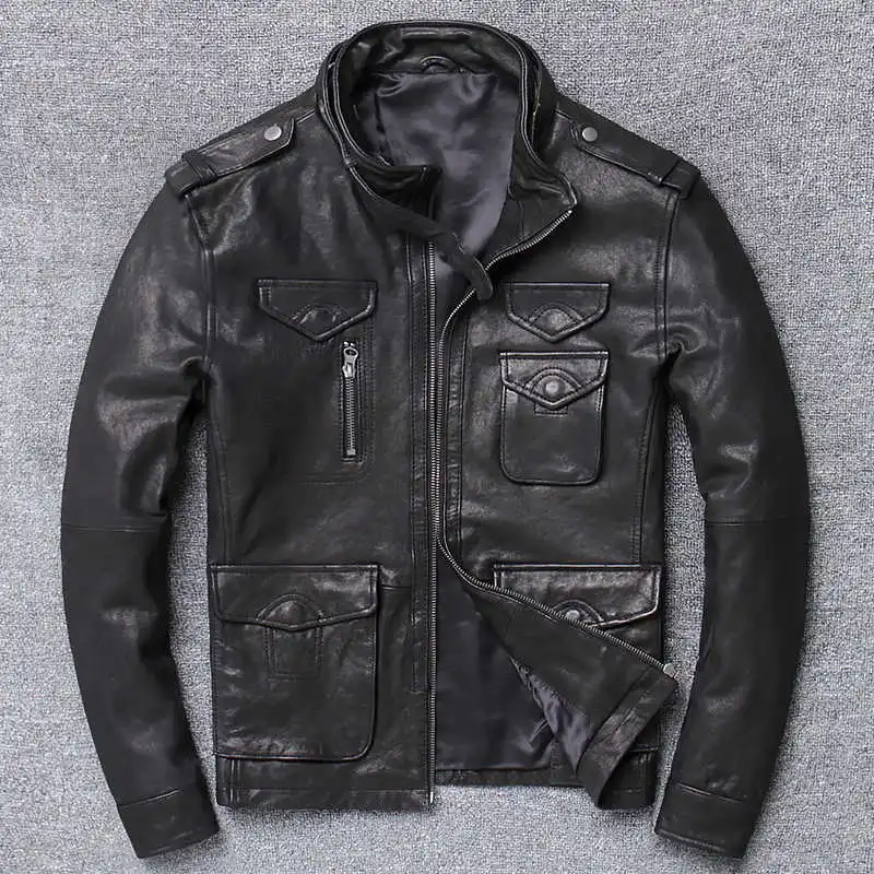 

Genuine Leather Jacket Men Real Sheepskin Motorcycle Biker Leather Jacket Casual Multi Many Pockets Male Spring Autumn Outerwear