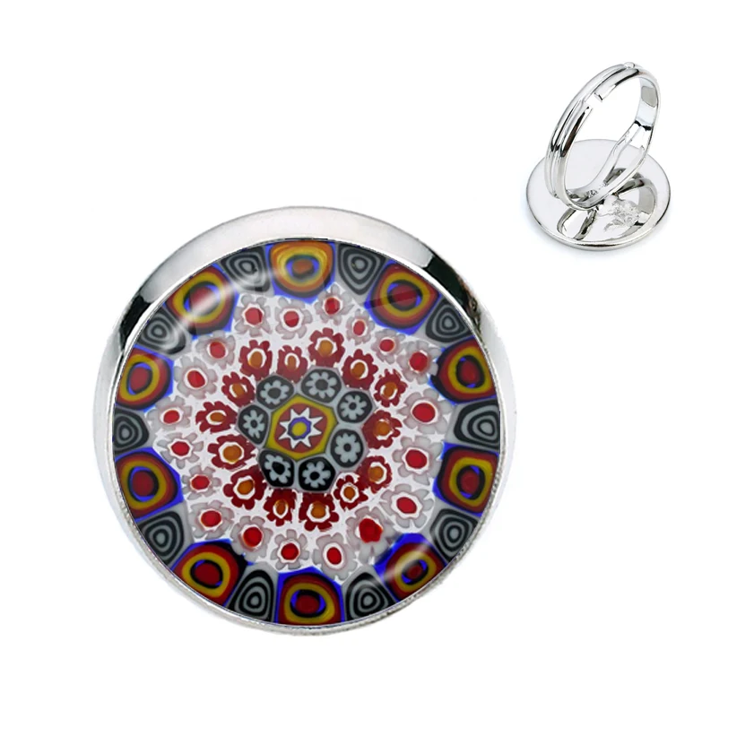 Tree Of Life Adjustable Ring Murano Millefiori 16mm Glass Cabochon Rings Jewelry For Women Girls Gift Wholesale