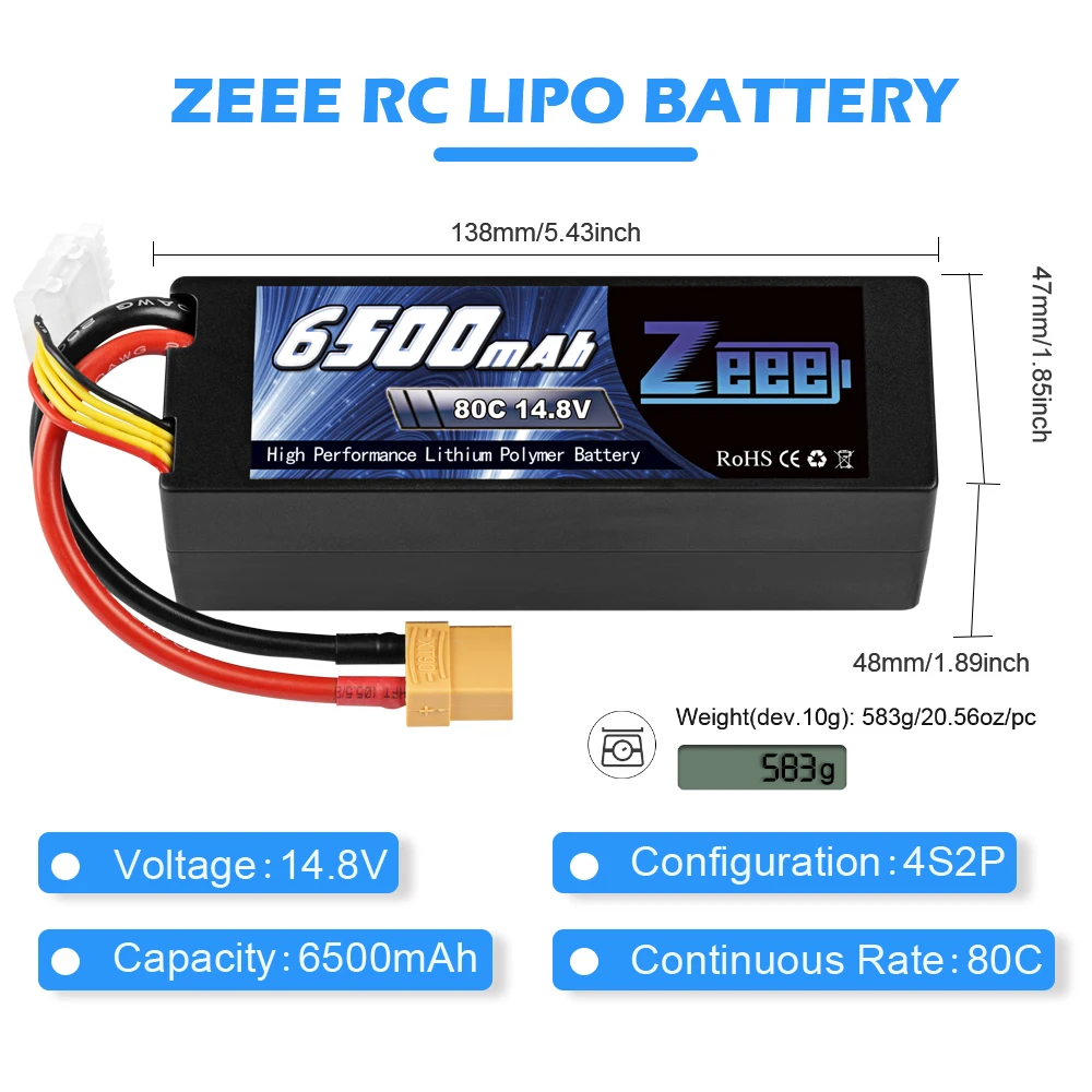 Zeee 4S Lipo Battery 14.8V 80C 6500mAh RC Lipo Battery with XT90 Plug Hardcase Battery For RC Car Boat Truck Airplane Tank