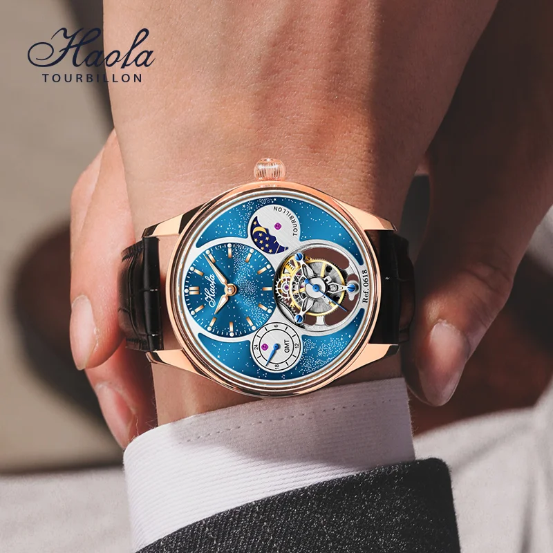 Haofa Luxury Skeleton Tourbillon Sapphire Watch for Men Manual Mechanical GMT Moonphase Wristwatches Casual Business 0618