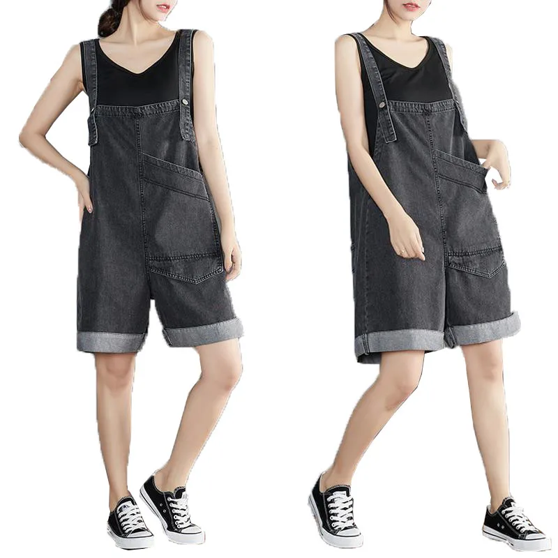 Women Denim Suspenders Shorts Summer Loose Personality Pocket Strappy Jeans Jumpsuit Wide-Leg Five-Point Pants Female