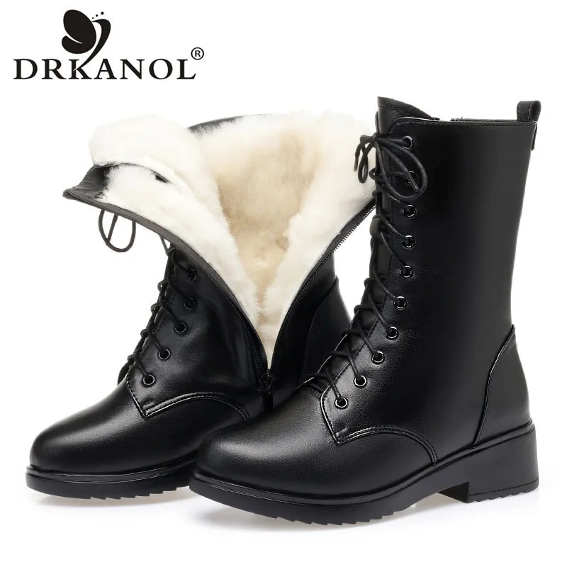 

DRKANOL Fashion Women Winter Snow Boots Genuine Leather Thick Heel Wool Warm Mid Calf Boots Women Cotton Shoes Big Size 41 42 43