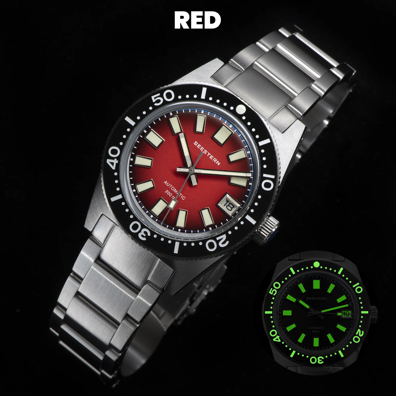 SEESTERN 62MAS Duikhorloge Mannen Automatisch Mechanisch Horloge Lichtgevende Bezel Waterdicht NH35 Beweging Saffierglas Armband