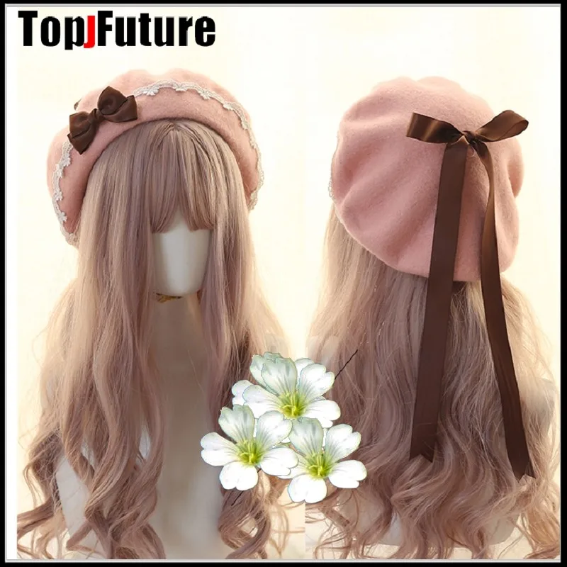 Japanese girl Kawaii Beret Hat Lolita Teenage heart Sweet Woolen Handmade Cute Lace Bowknot Warm  Winter Painter Hat Headdress