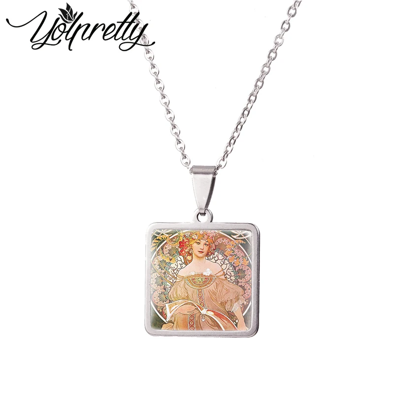 mucha Painting Square Stainless Steel Necklace Glass Cabochon Pendants Necklace Jewelry