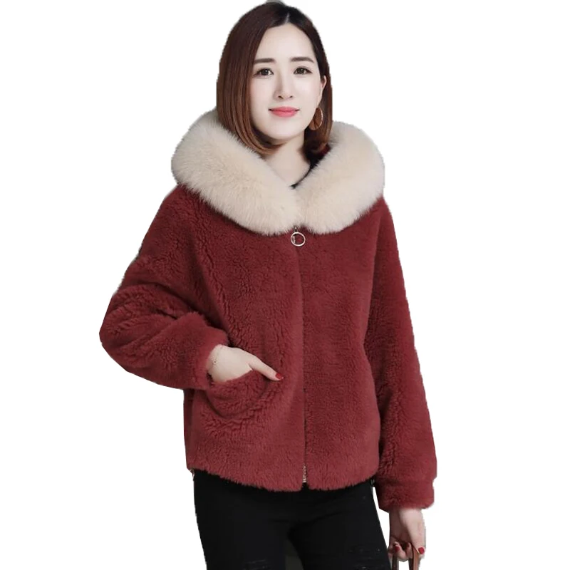 Thời Trang Cashmere Áo Khoác Lông Thú 2019 Mới Đoạn Ngắn Trùm Đầu Lông Thú Giả Áo Khoác Thu Đông Dạng Hạt Áo Khoác Len Áo Khoác Ngoài A1040