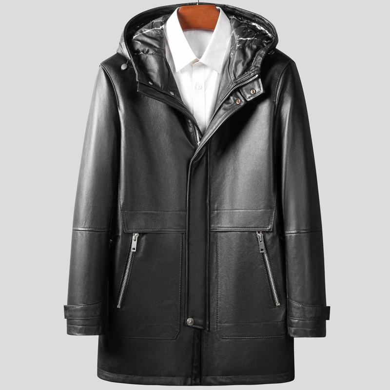 2021 100% Real Cowhide Leather Jacket Men White Duck Down Jacket Coat  Hooded Long Business Casual Black Outwear Windbreaker