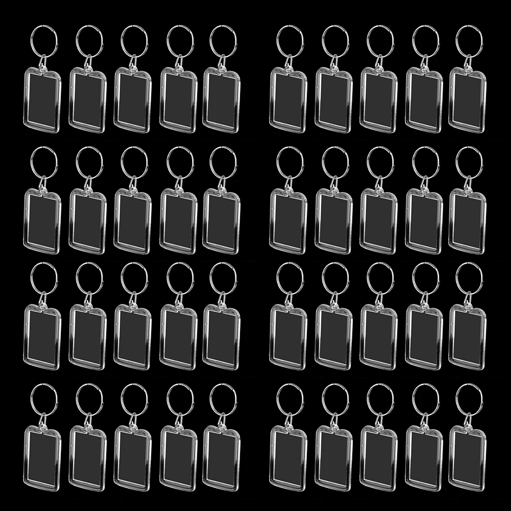 Porta-chaves de acrílico, 40 peças, molduras personalizadas, fecho em branco, para fotos, chaveiros, joias da moda