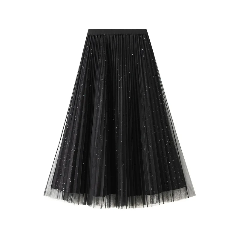 2024 autumn and winter new bright silk screen half-length skirt pleated medium-length yarn dress