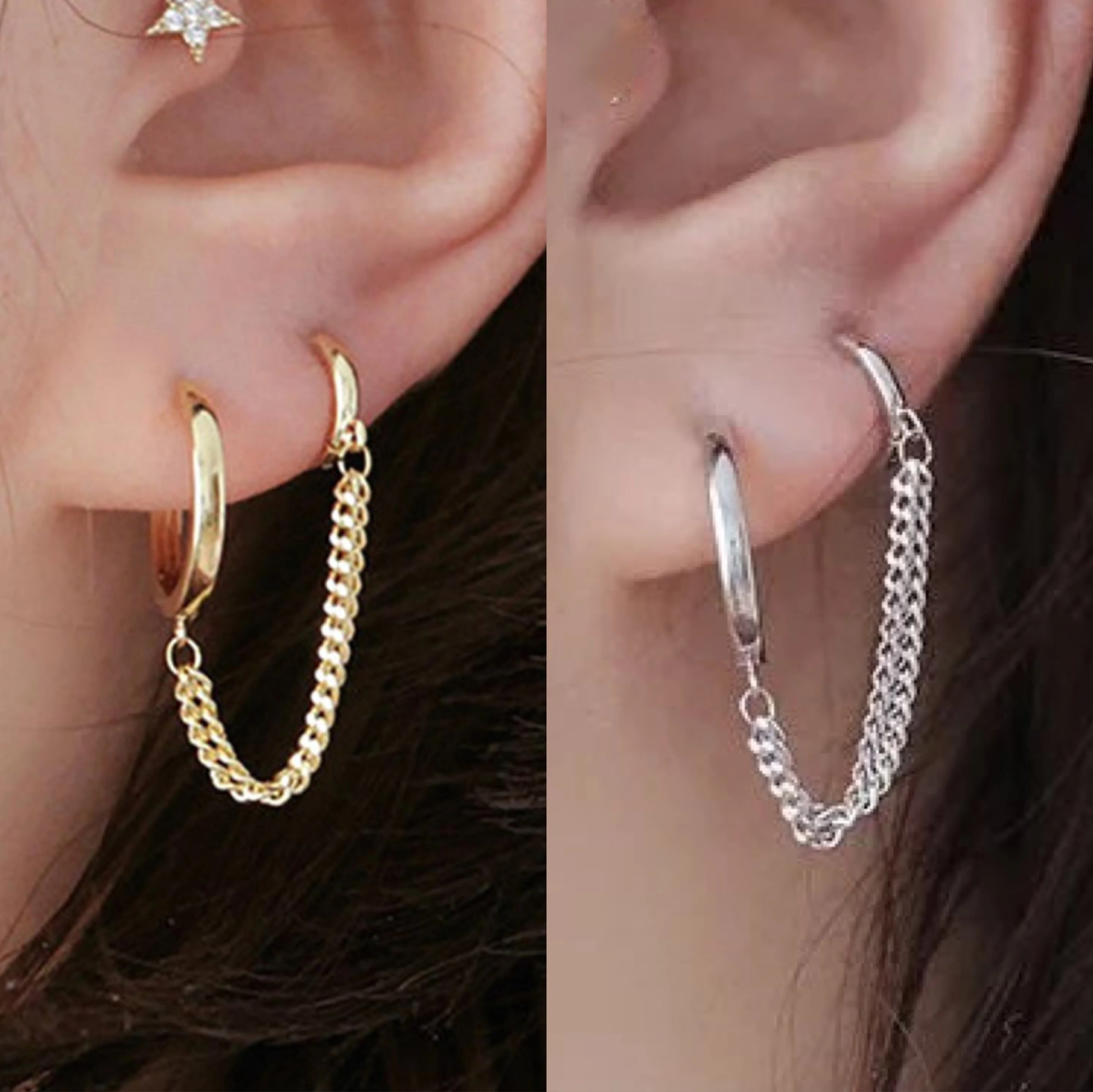 1PCS Stainless Steel Double Ear Hole Link Chain Hoop Earring for Women Ear Jewelry Accessories Gift Wholesale