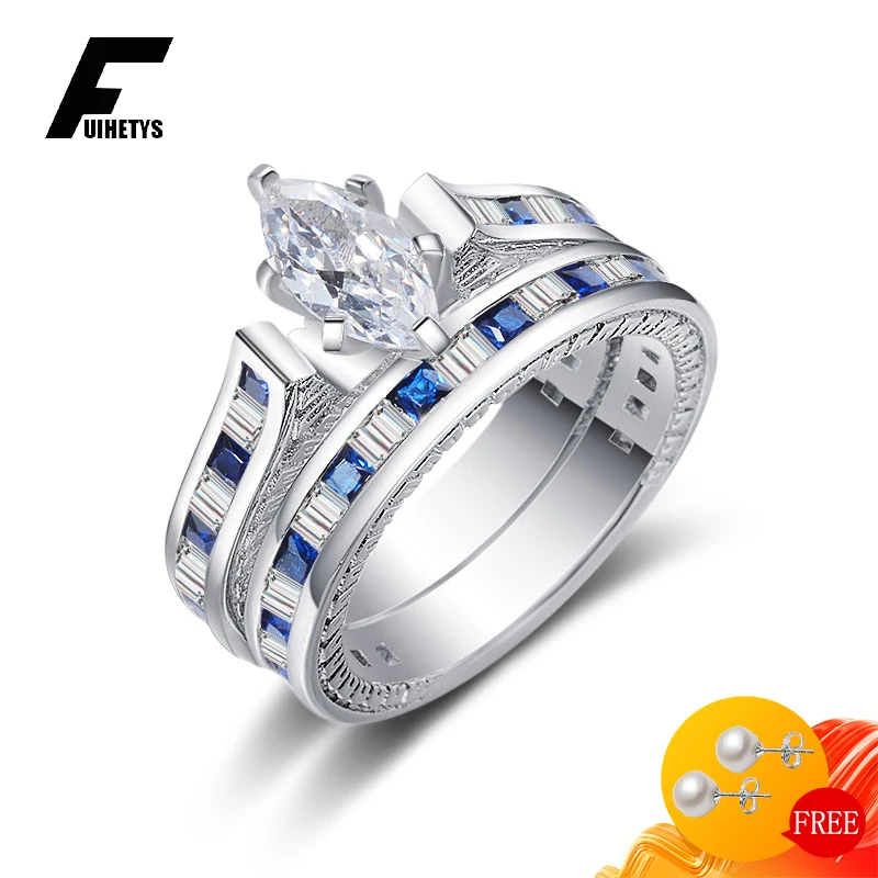 

FUIHETYS 2 in 1 Ring Set 925 Silver Jewelry with Sapphire Zircon Gemstone Finger Rings Ornament for Wedding Party Gift Wholesale