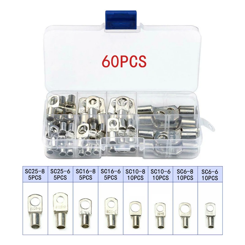 

60Pcs SC Bare Terminals lug Tinned Copper Tube Lug Ring Seal Battery Wire Connectors Bare Cable Crimped Soldered Terminal box