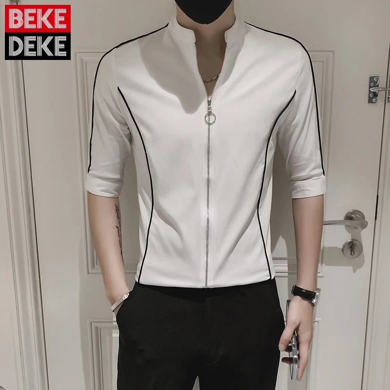 Street High Men Zipper Half Sleeve Shirt Summer Thin White Casual Tops Stand Collar Outdoor Striped Slim Shirts Male M-3XL