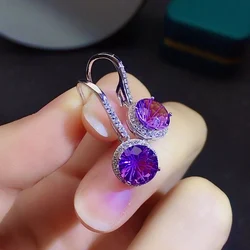 VVS Grade 8mm Natural Amethyst Drop Earrings for Daily Wear Simple Crystal Eardrop Solid 925 Silver Amethyst Jewelry